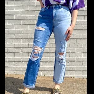 take note two-toned cuffed mom jeans